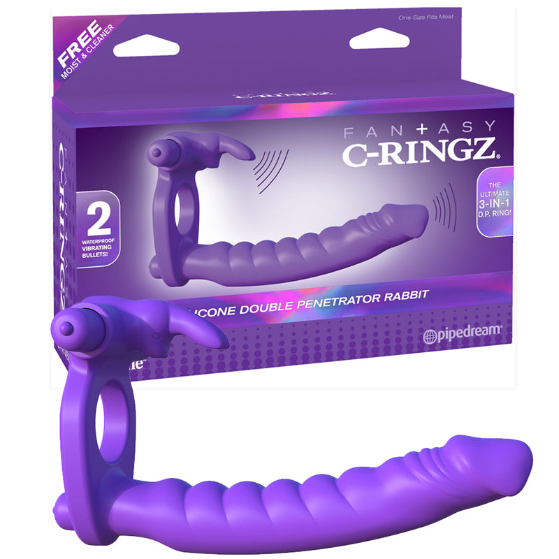Pipedream Fantasy C-Ringz Double Penetrator Vibrating Rabbit Dual Entry Cockring Purple