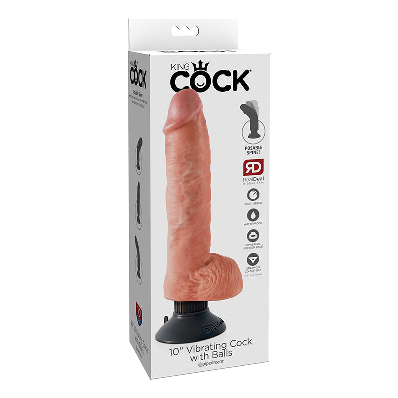 Pipedream King Cock 10 in. Vibrating Cock With Balls Poseable Suction Cup Dildo Beige