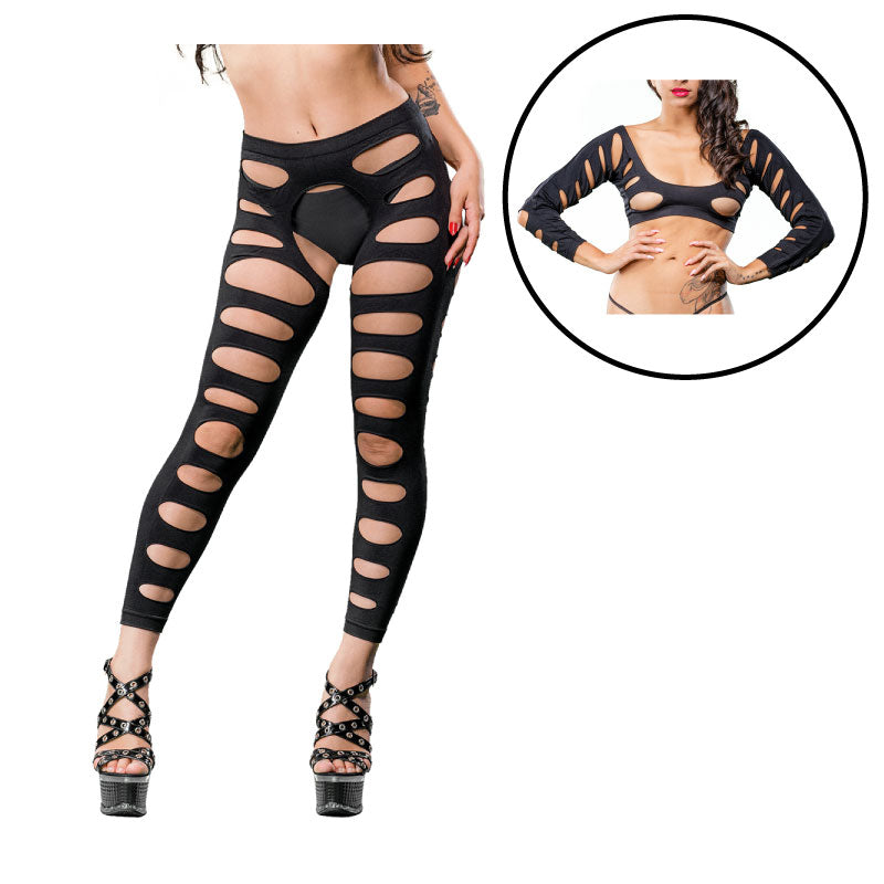 Black Variegated Holes Crotchless Legging  OS Packaging Box