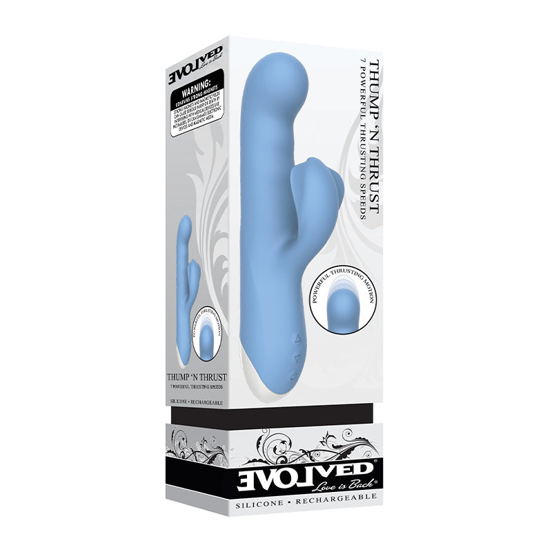 Evolved Thump 'n Thrust Rechargeable Thumping Thrusting Silicone Dual Stimulation Vibrator Blue