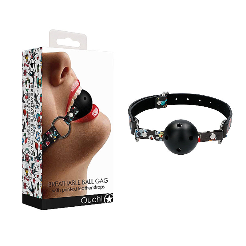 Ouch! Old School Tattoo Style Breathable Ball Gag With Adjustable Printed Straps Multi-Color