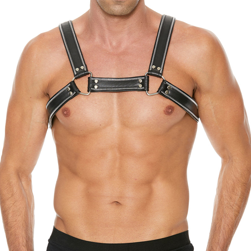 Shots Premium Leather Zipper Series D-Ring Bulldog Harness Black S/M