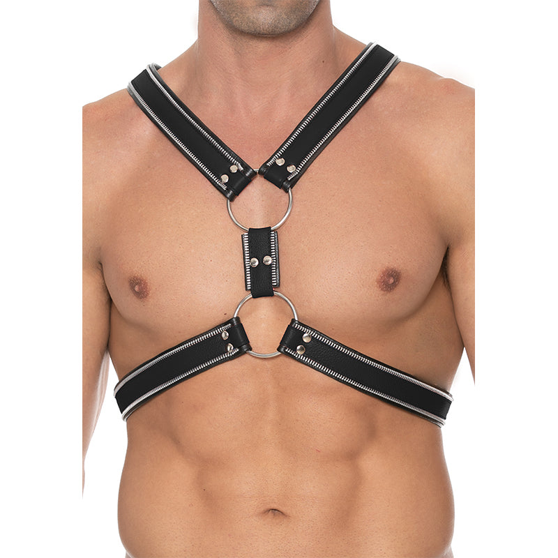 Shots Premium Leather Zipper Series Adjustable O-Ring Bulldog Harness Black L/XL