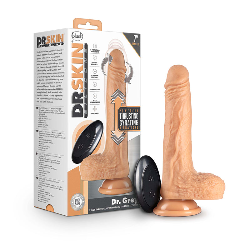 Blush Dr. Skin Dr. Grey Remote-Controlled 7 in. Thumping Dildo with Balls Beige