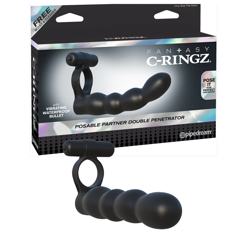 Pipedream Fantasy C-Ringz Posable Partner Double Penetrator Vibrating Cockring Black