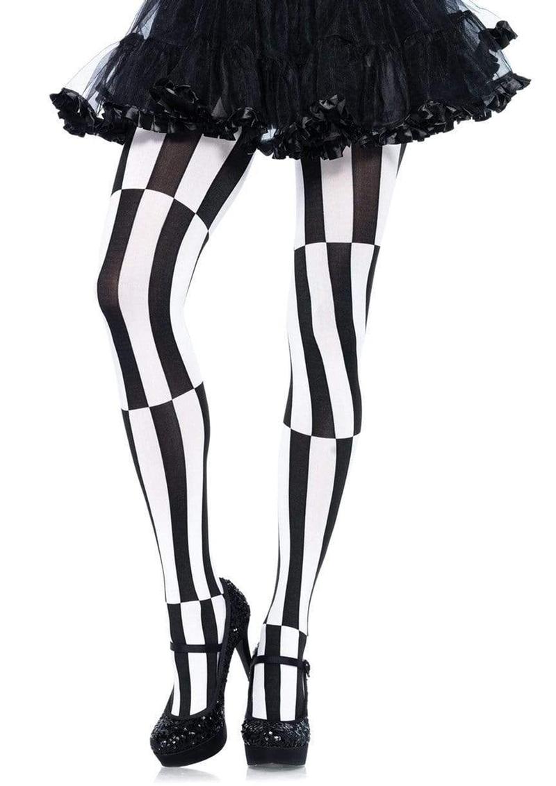 Leg Avenue Woven Opaque Striped Optical Illusion Pantyhose 1X/2X - Black/White