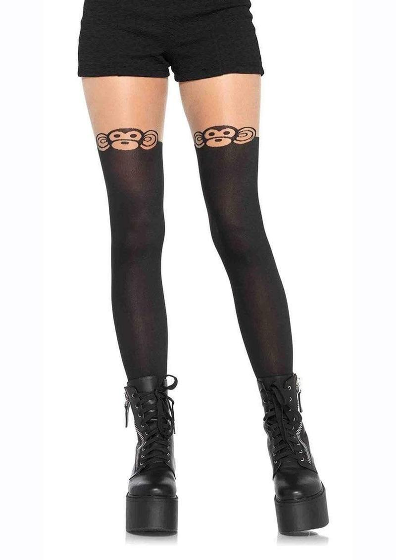 Leg Avenue Spandex Monkey Business Opaque Pantyhose with Curvy Tail - OS - Black