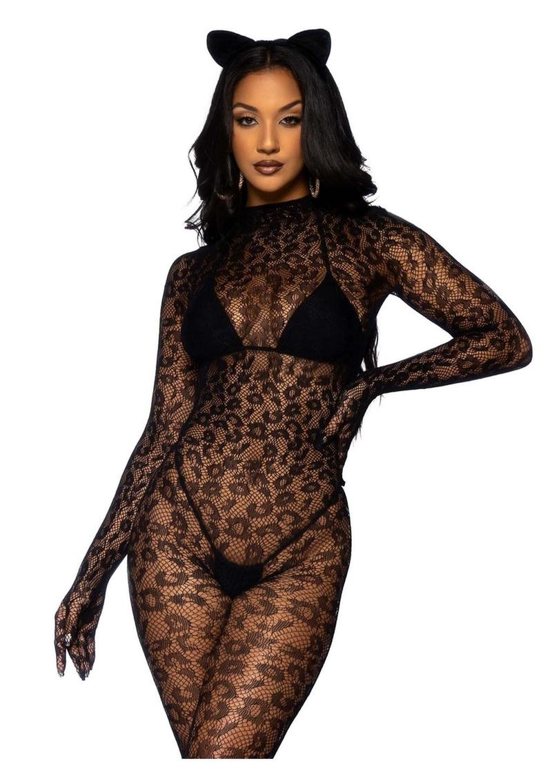 Seamless Leopard Glove Catsuit Os Blk