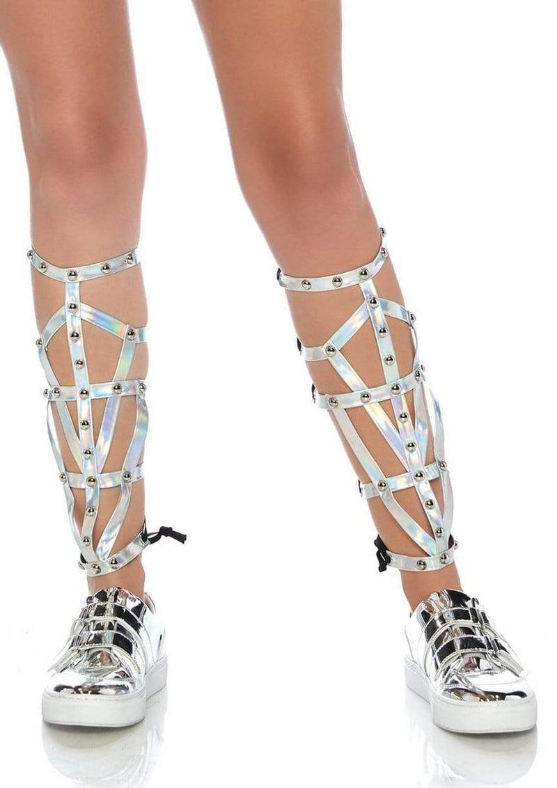 Iridescent studded shin guards O/S