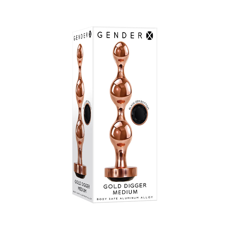 Gender X Gold Digger Rose Gold Beaded Anal Plug With Black Gemstone Base Medium