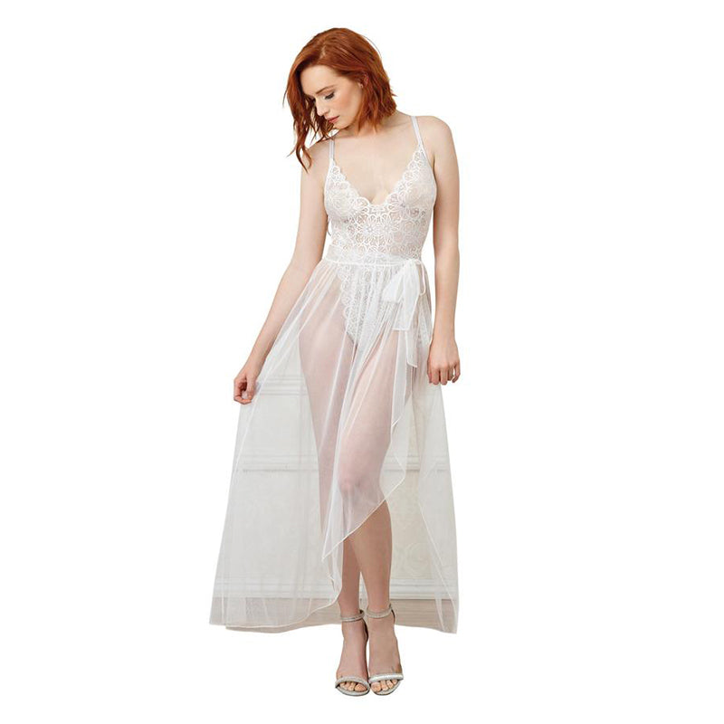 Dreamgirl Teddy & Sheer Mesh Maxi Skirt With G-String White Small Hanging