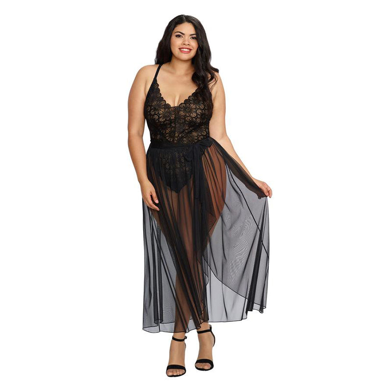 Dreamgirl Teddy & Sheer Mesh Maxi Skirt With G-String Black Queen 1X Hanging