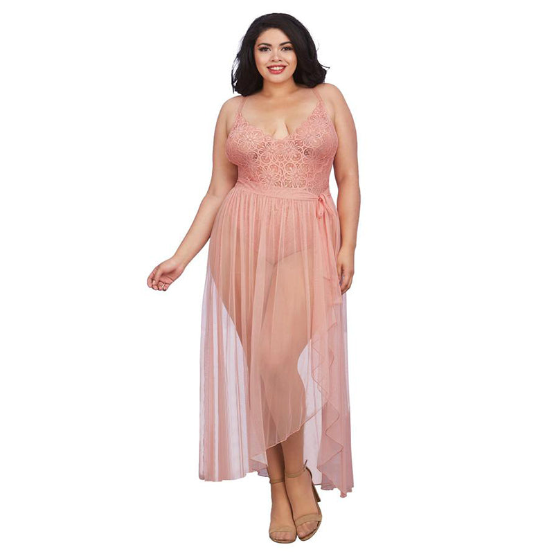 Dreamgirl Dreamgirl Teddy & Sheer Mesh Maxi Skirt With G-String Rose Queen 3X Hanging