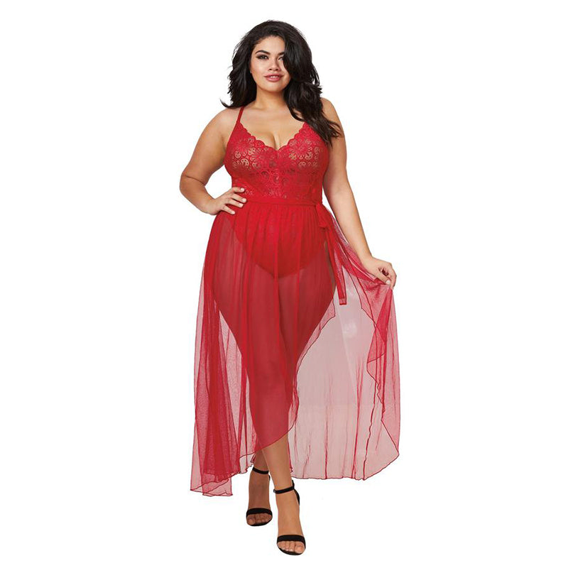 Dreamgirl Teddy & Sheer Mesh Maxi Skirt With G-String Rouge Queen 1X Hanging