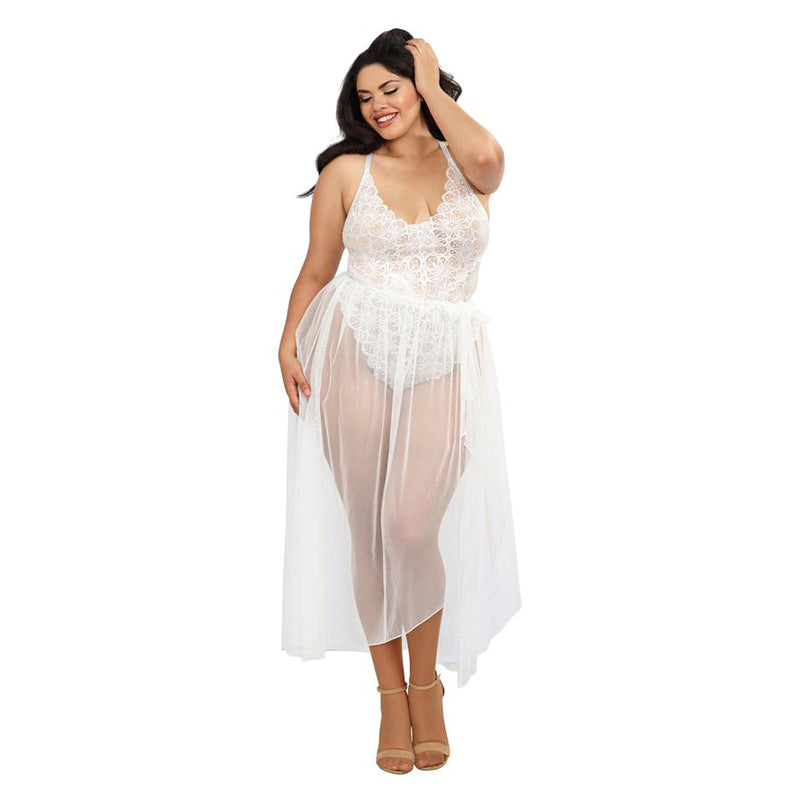 Dreamgirl Teddy & Sheer Mesh Maxi Skirt With G-String White Queen 1X Hanging