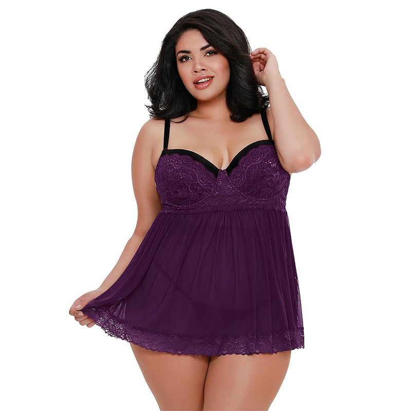 Dreamgirl Stretch Mesh and Lace Babydoll Plum Queen 2X Hanging