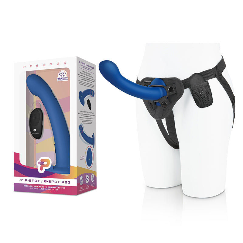 Pegasus 8 in. P-Spot/G-Spot Peg Vibrating Dildo & Harness Set Blue