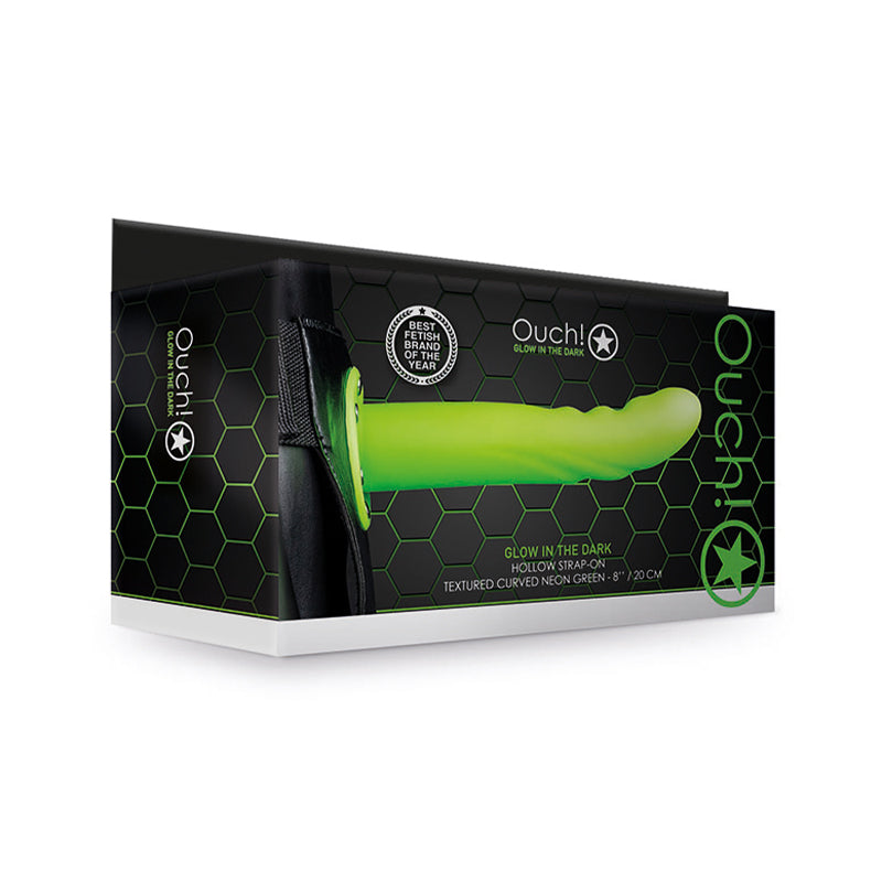 Ouch! Textured Curved 8 in. Glow in the Dark Hollow Strap-On Neon Green