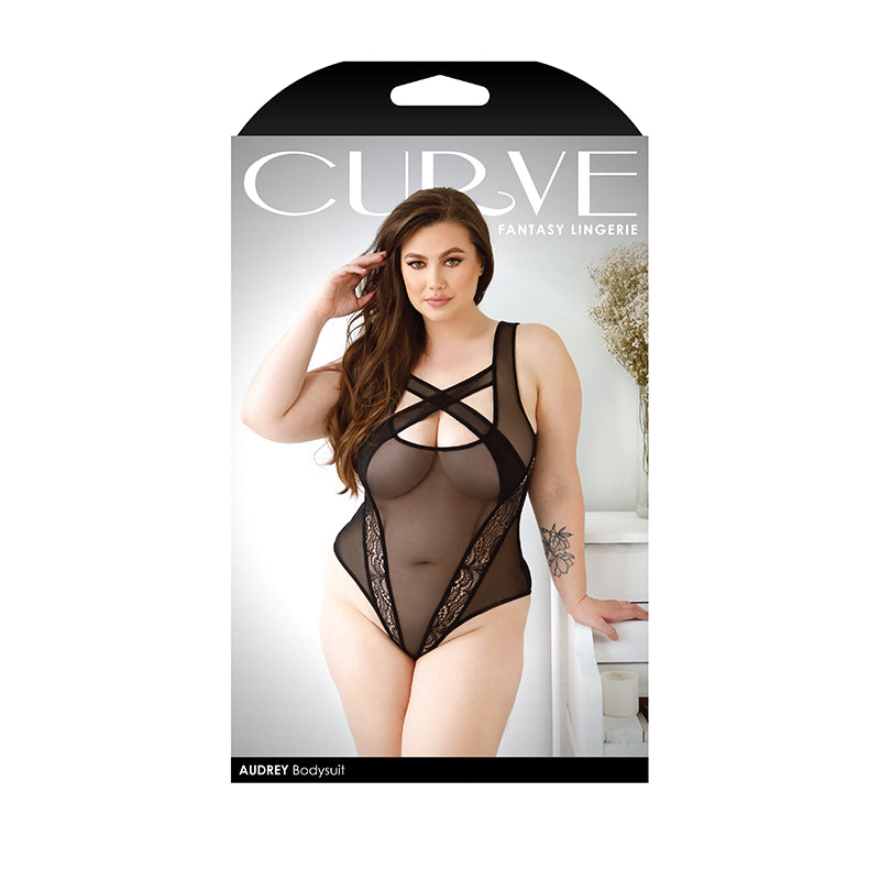 Fantasy Lingerie Curve Audrey Criss-Cross Mesh Bodysuit Black XL/2XL