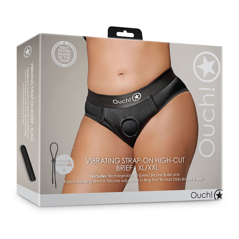 Shots Ouch! Vibrating Strap-on High-cut Brief Black XL/2XL