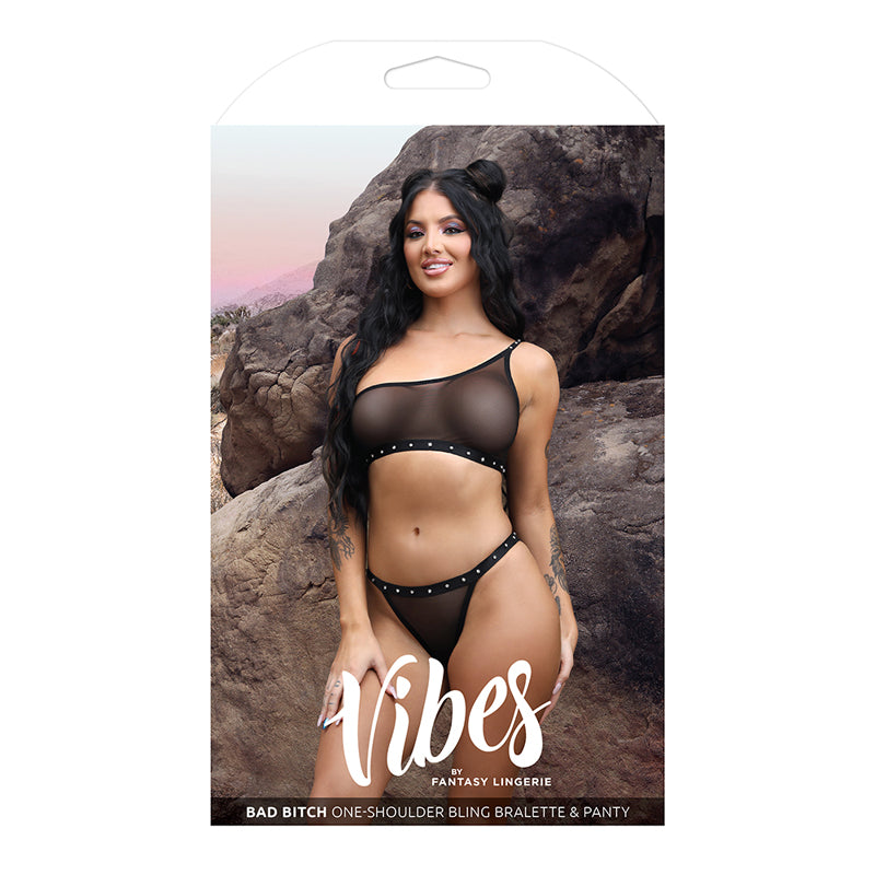 Fantasy Lingerie Vibes Bad Bitch One-Shoulder Bling Bralette & Bikini Panty Black M/L