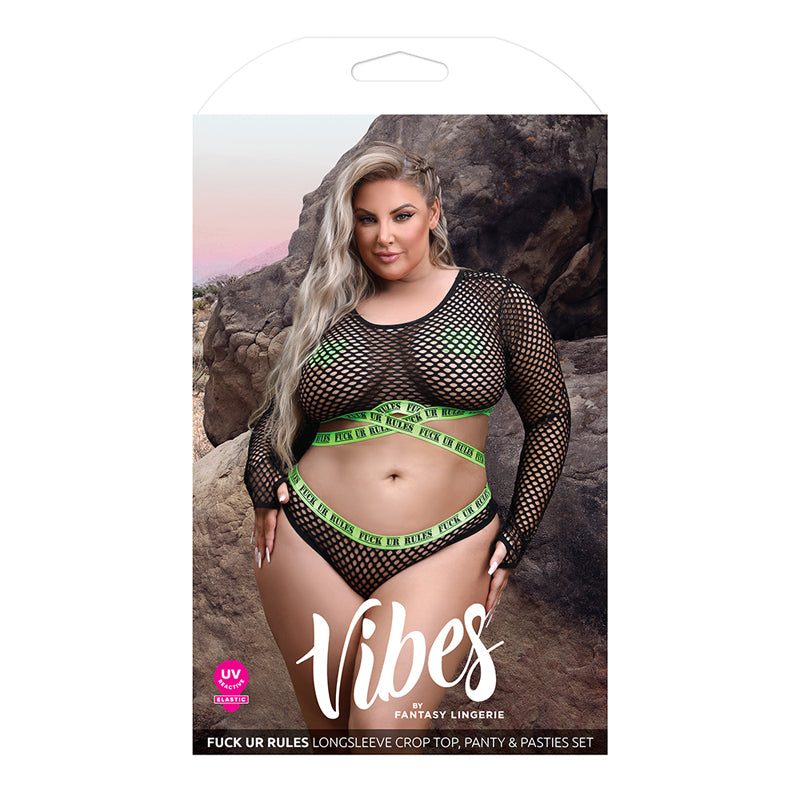 Vibes Fuck Ur Rules UV Reactive Longsleeve Fishnet Top, Panty, Pasties Black Queen