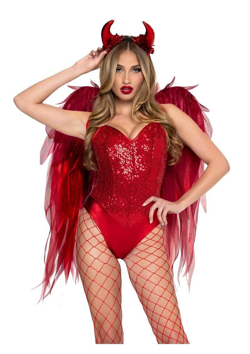 Leg Avenue Dark Enchantress Chiffon Wings and Horn Headband (2 Piece) - O/S - Red